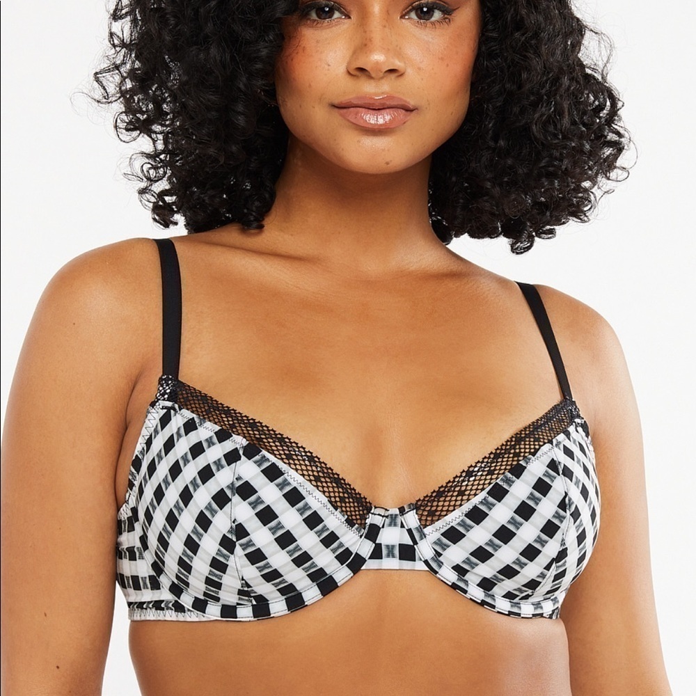 Savage X Fenty Unlined Plunge Bra 40DDD Gingham Remix Logo Check Print
